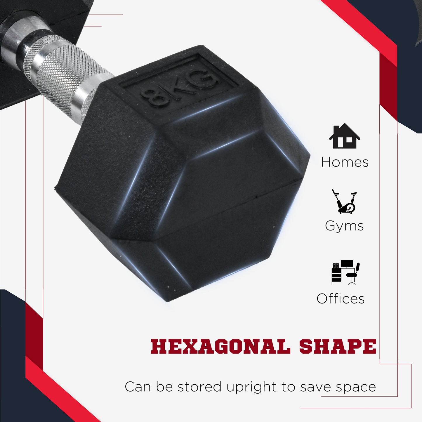 Set of 2 Rubber Hex Dumbbells 8kg - Non Rolling Fitness Weights