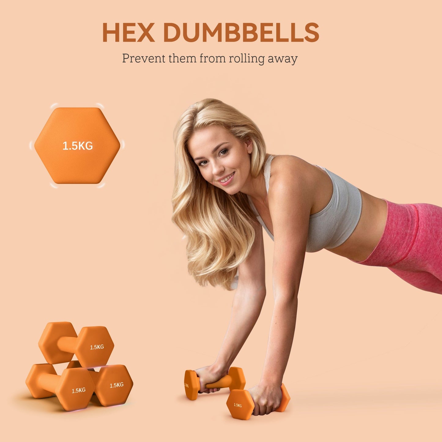 2 x 1.5kg Hexagonal Dumbbells Weights Set with Non-Slip Grip for Home Gym Workout, Orange
