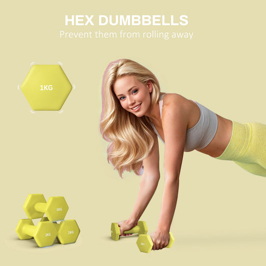 2 x 1kg Hexagonal Dumbbells Weights Set with Non-Slip Grip for Home Gym Workout, Yellow