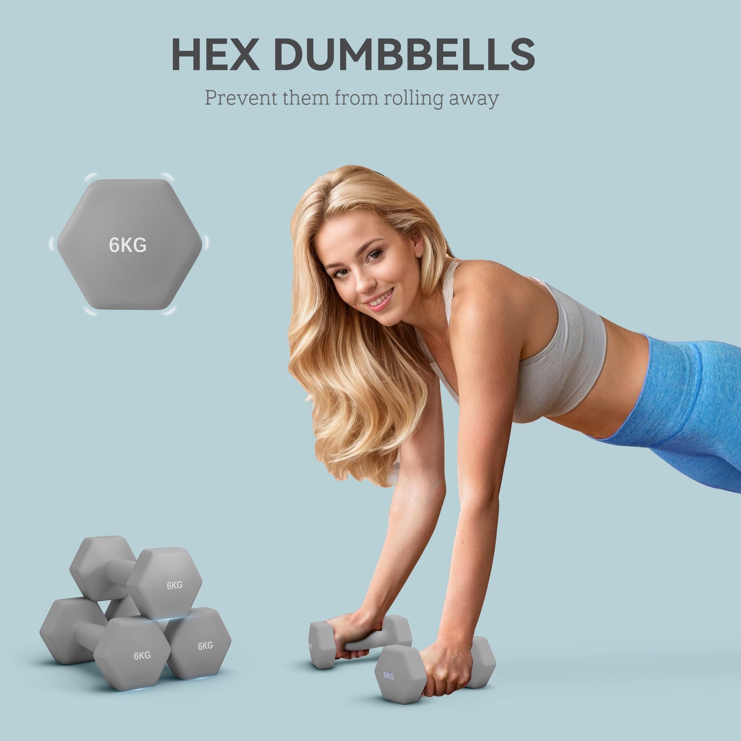2 x 6kg Hexagonal Dumbbells Weights Set with Non-Slip Grip for Home Gym Workout, Grey