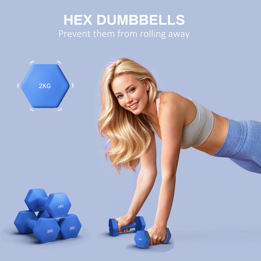2 x 2kg Hexagonal Dumbbells Weights Set with Non-Slip Grip for Home Gym Workout, Blue