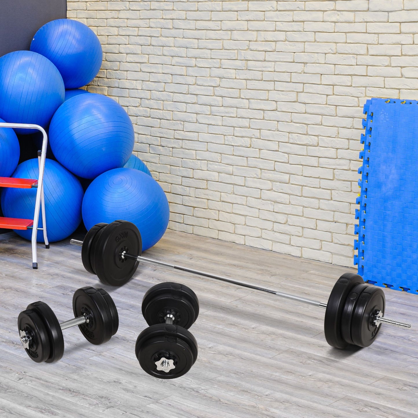 65kg Adjustable Barbell Weights Set, 2 in 1 Dumbbells and Barbell Set w/ Knurled Bar, Free Weights Training Equipment for Gym | HOMCOM