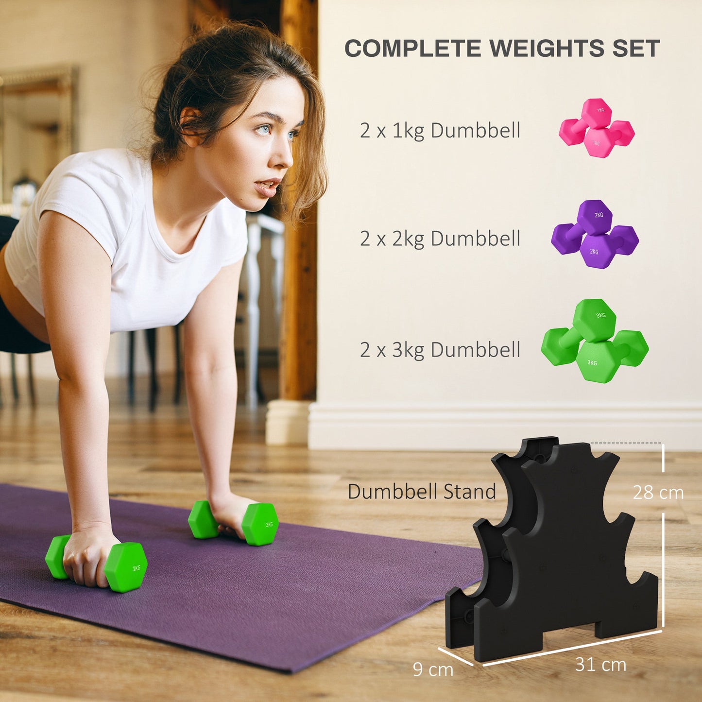 6 Piece Dumbbell Set with Rack - Hexagonal Non-Slip Hand Weights