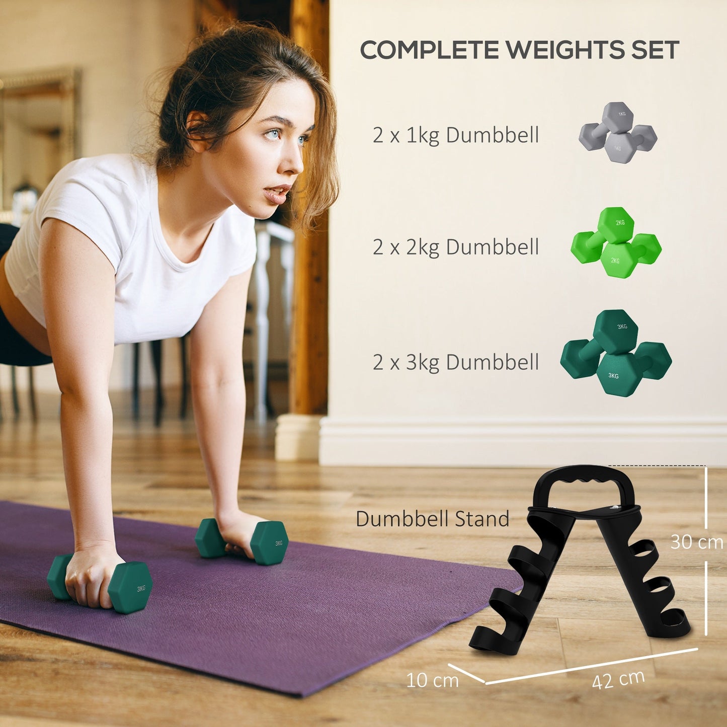 Set of 6 Dumbbells with Storage Rack - Hexagonal Weights 1kg to 3kg