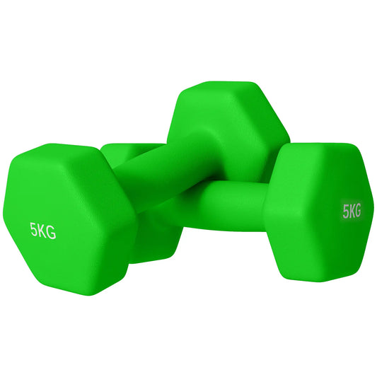 2 x 5kg Hexagonal Dumbbells Weights Set with Non-Slip Grip for Home Gym Workout, Green by SPORTNOW