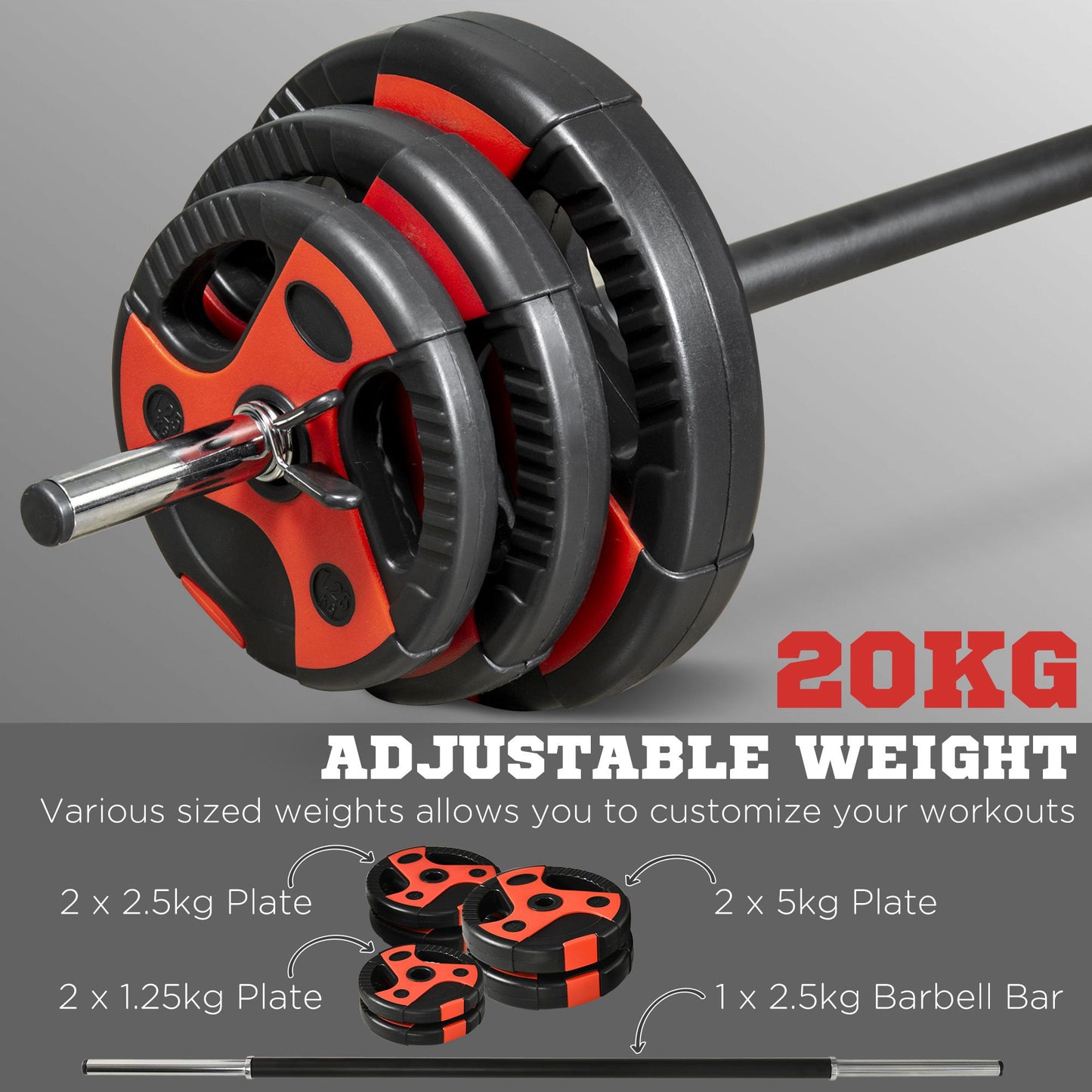 20kg Barbell Weights Set, Adjustable Weight Set, Free Body Pump Bar and Weights, Weight Lifting Strength Training Equipment for Home Gym Exercise by SPORTNOW
