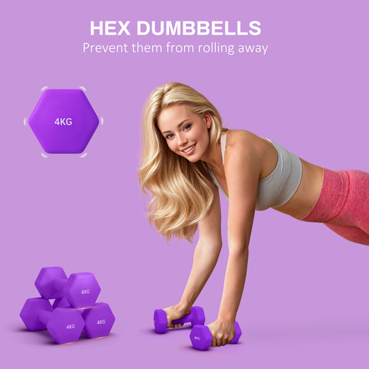 2 x 4kg Hexagonal Dumbbells Weights Set with Non-Slip Grip for Home Gym Workout in Purple by SPORTNOW