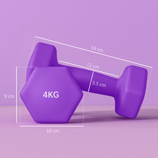 2 x 4kg Hexagonal Dumbbells Weights Set with Non-Slip Grip for Home Gym Workout in Purple by SPORTNOW