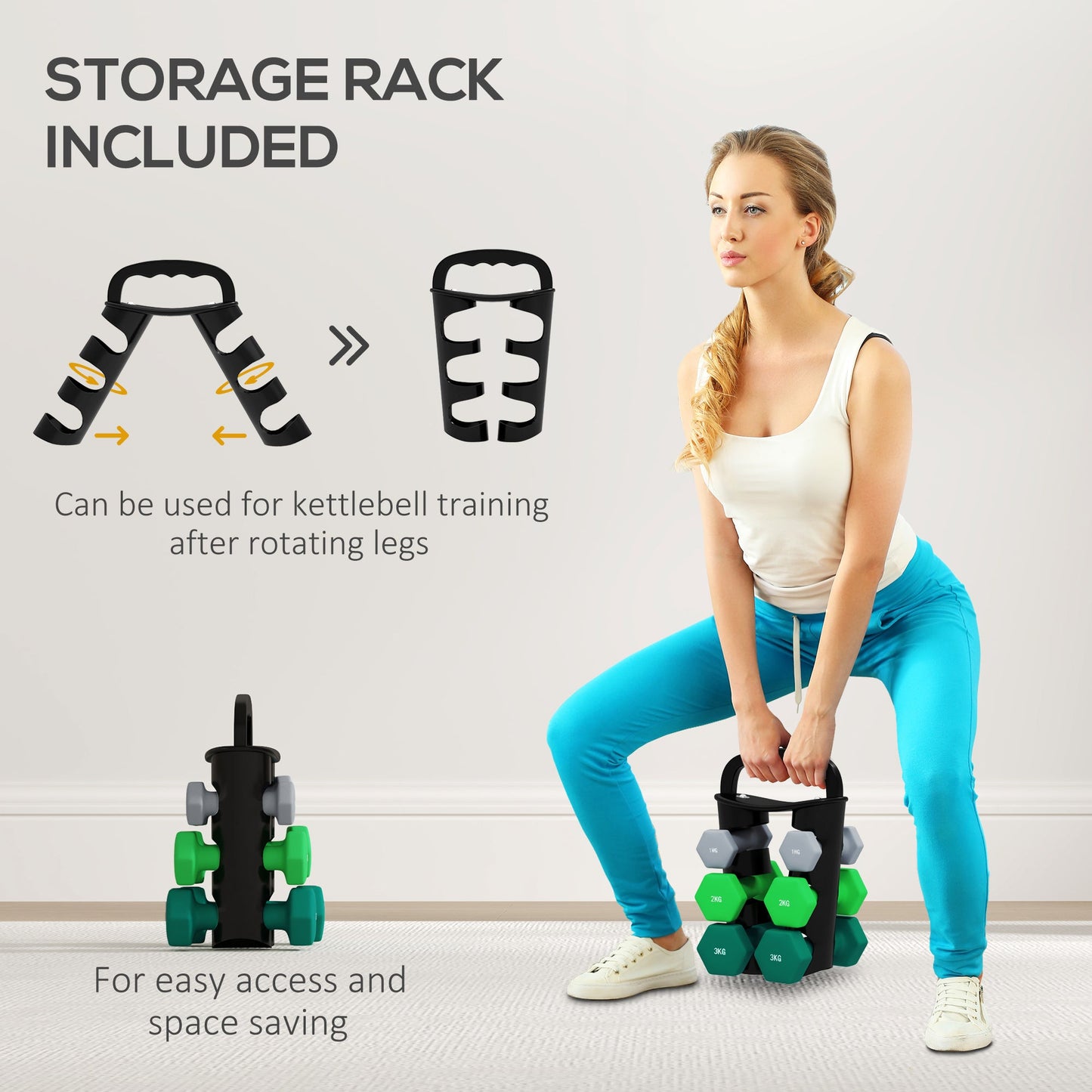 Set of 6 Dumbbells with Storage Rack - Hexagonal Weights 1kg to 3kg