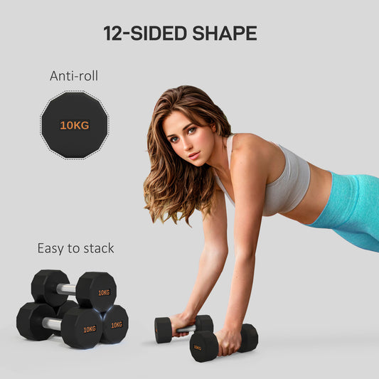 2 x 10kg Dumbbells Weights Set with 12-Sided Shape and Non-Slip Grip for Men Women Home Gym Workout by SPORTNOW
